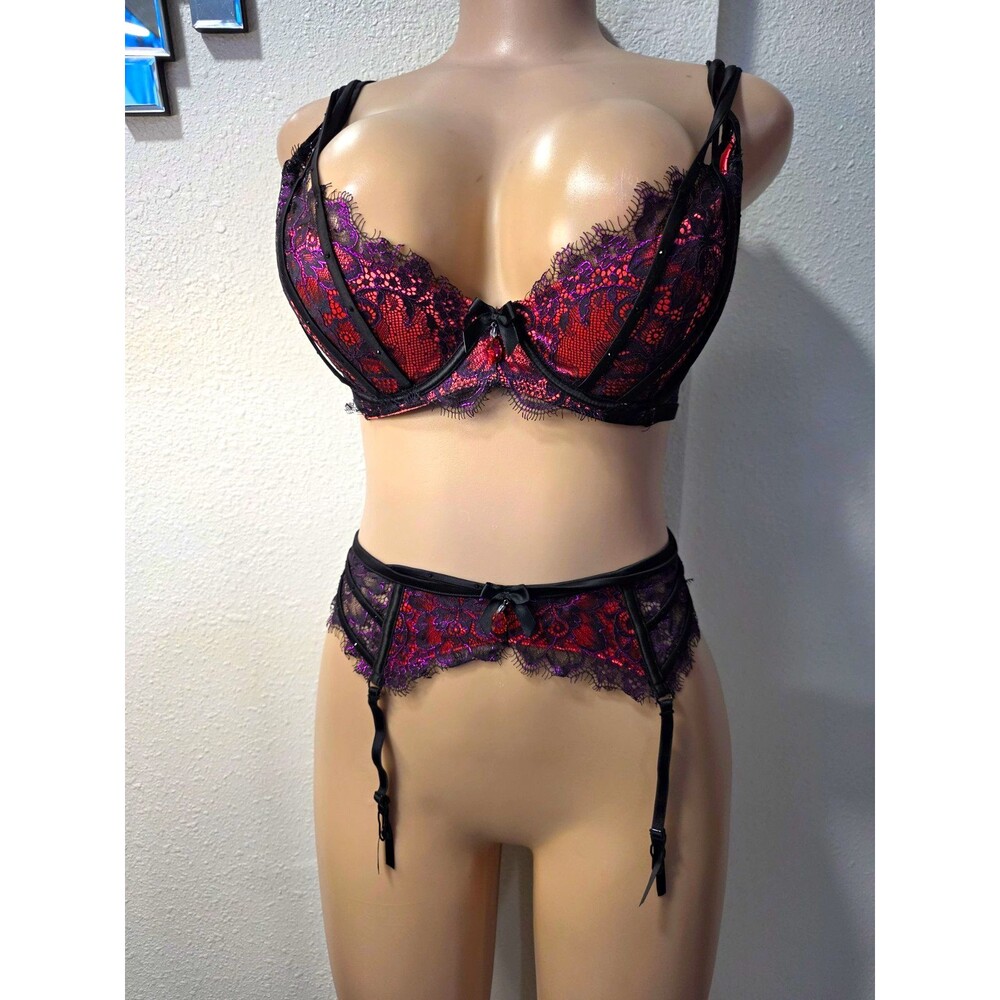Honey Birdette Floral Lace Underwired Semi-Sheer Balconette Bra Set 34DD